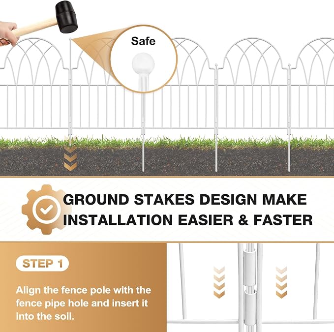 Garden Fence Panels - 17 in(H) x 10.56ft(L) White Metal Fence No Dig Decorative Fence with Stakes Animal Barrier Fence for Dogs, Flower Bed Edging Wire Border for Yard, Patio, Outdoor Decor