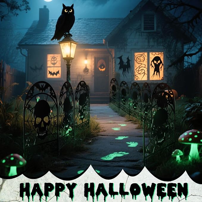 Yaocom 6 Pack Halloween Skull Fence Outdoor Decoration Spooky Graveyard Fence for Halloween Yard Party Decor, Black Metal Decorative Garden Stake Yard Sign for Lawn Porch, 16.5''h x 11.8''w