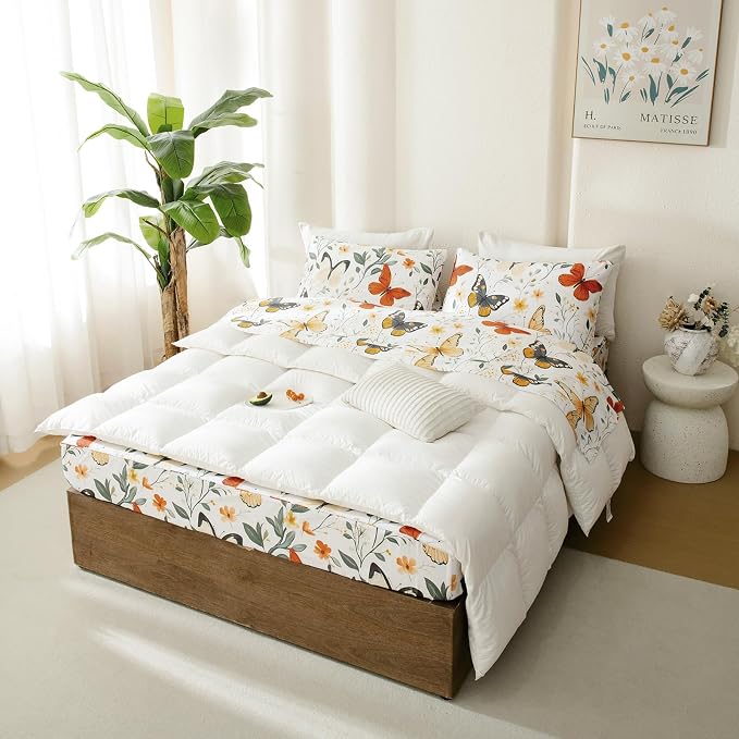 QSH Green Floral Sheets Queen Size,100% Egyptian Cotton Sheets Queen Rosemary Flowers Butterfly Botanical Pattern Printed Bedding Sheet Extra Soft and Breathable 17.5" Deep Pockets Bed Sheet 4PCs