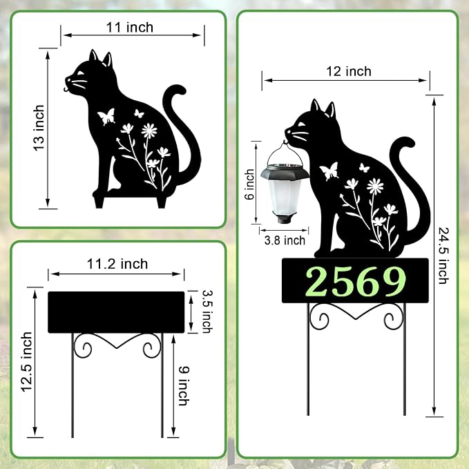 Solar Address Signs for Houses,Metal Cat House Number Outside Yard Stakes | Glow in The Dark Decorative Outdoor Ornaments for Garden,Lawn,Pathway,Patio