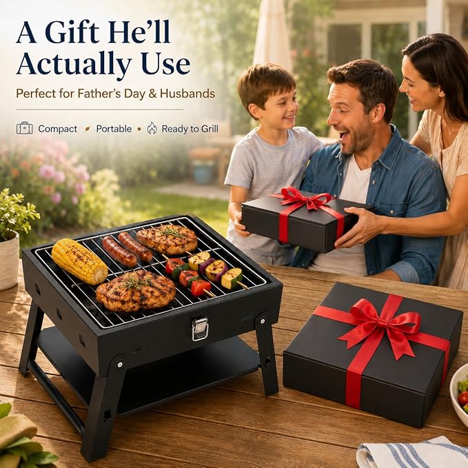 Small Portable BBQ Charcoal Grill: Mini Foldable Table Top Barbecue Grills with Fire Starter Kit and BBQ Grilling Tool Set, Fathers Day Birthday Grilling Gift for Men Dad Husband
