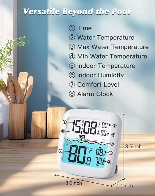 Solar Pool Thermometer Floating Easy Read, IPX8 Waterproof Digital Thermometer Wireless, Water Temperature Monitor for Swimming Pool, Hot Tub, Cold Plunge, Pond, Lake