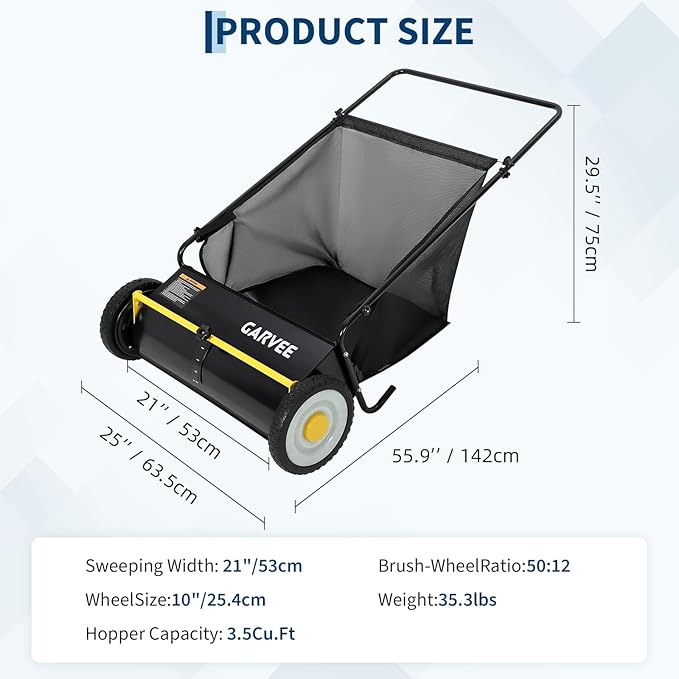 PeakPursuit 21 Inch Push Lawn Sweeper, Leaf & Grass Collector, Strong Rubber Wheels & Heavy Duty Thickened Steel Durable to Use with Large 3.5 Cu. ft Hopper Bag, 4 Spinning Brushes