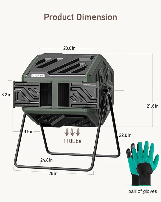THEGROW'ING 43 Gallon Dual Chamber Compost Bin with Built-in Nuts, Outdoor Rotating Composter Tumbler for Garden Backyard, Green