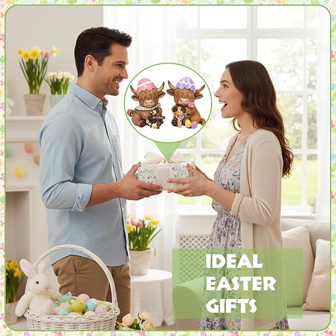 Simgoing 2 Pack Easter Highland Cow Figurines, He is Risen Figurines Highland Cow Decor Spring Home Table Decorations with Egg and Cross Calf Lovers Easter Gifts for Holiday Centerpieces Ornament