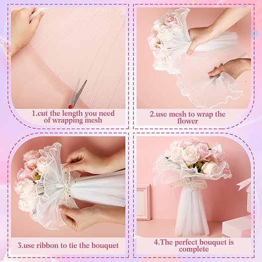 Gilprop 8 Pcs Flower Wrapping Mesh Paper, 11 Inch x 4 Yard Wavy Pearl Edge Wrinkled Flower Packaging Mesh, Florist Supplies for Teacher Mother's Day Gifts (White)