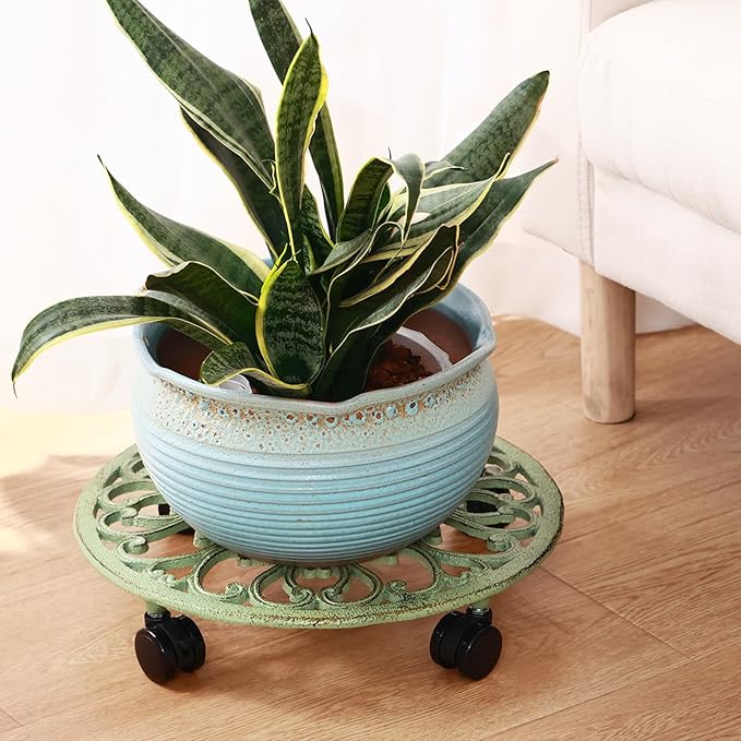 3 Packs 14 Inch Rolling Plant Stand with Wheels Metal Plant Caddy with Wheels Heavy Duty Round Plant Stand Indoor Iron Plants Rollers for Plants, Plant Dolly Retro Green