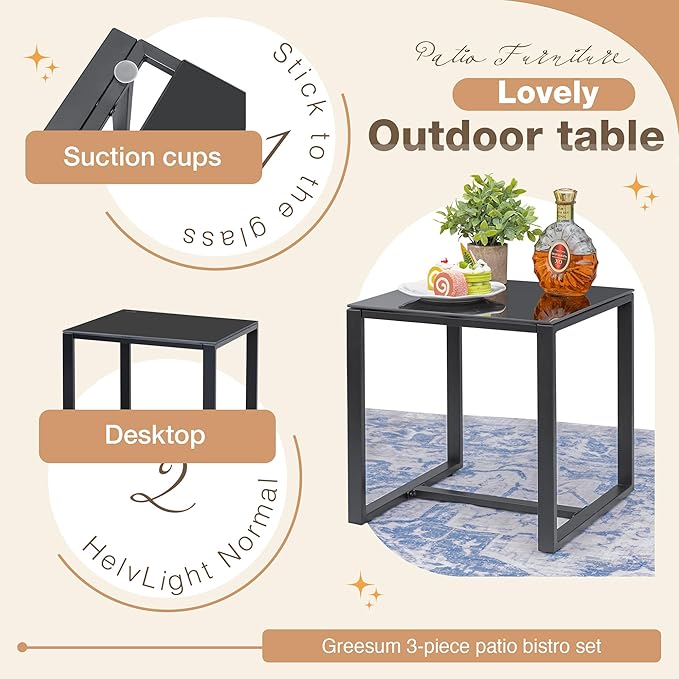 Greesum 3 Pieces Outdoor Furniture Set Patio Bistro Rocking Chairs with Glass Coffee Table for Pool Beach Backyard Balcony Porch Deck Garden, Light Gray