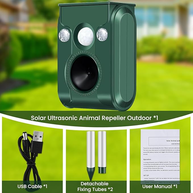 Cat Repellent Outdoor, Solar Ultrasonic Animal Repellent with Motion Detection, Waterproof Deer Repellent Device for Yard Garden Lawn, Effective Against Cat Dog Skunk Raccoon Squirrel