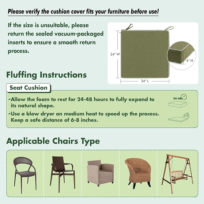 MIULEE Green Outdoor Chair Cushions Set of 2, 24x24x4 Inch Waterproof Patio Seat Cushions for Outdoor Furniture Couch Sofa, 3 Year Color Fastness High Density Foam with Adjustable Ties