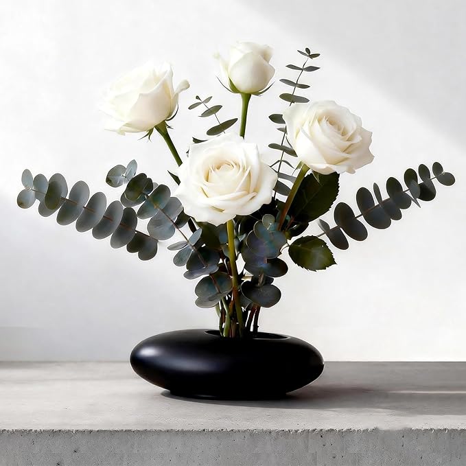 Japanese Inspired Ceramic Vase Ikebana kit, Pebble Shaped Flower Arrangement Bowl with 1.57inch Flower Frog Pin Frog Flower Stems Holder (Small Black)