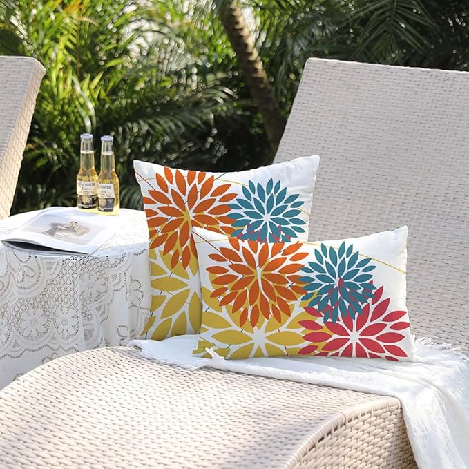 DFXSZ Outdoor Pillow Covers 12x20 Inch Set of 2 Orange Yellow Red Flower Decorative Waterproof Fall Summer Outdoor Pillow Covers for Patio Funiture Garden Couch 168G12