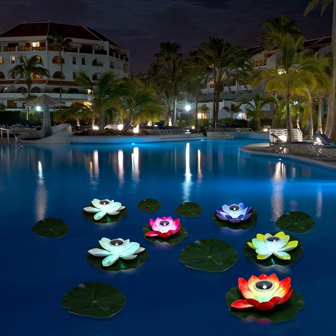 VIHOSE 6 Pcs Solar Floating Pond Lights Waterproof Solar Lotus Floating LED with 10 Pcs Lily Pads Swimming Pool Pond Flower Night Lights for Patio Garden Pool Outdoor Party Decorations
