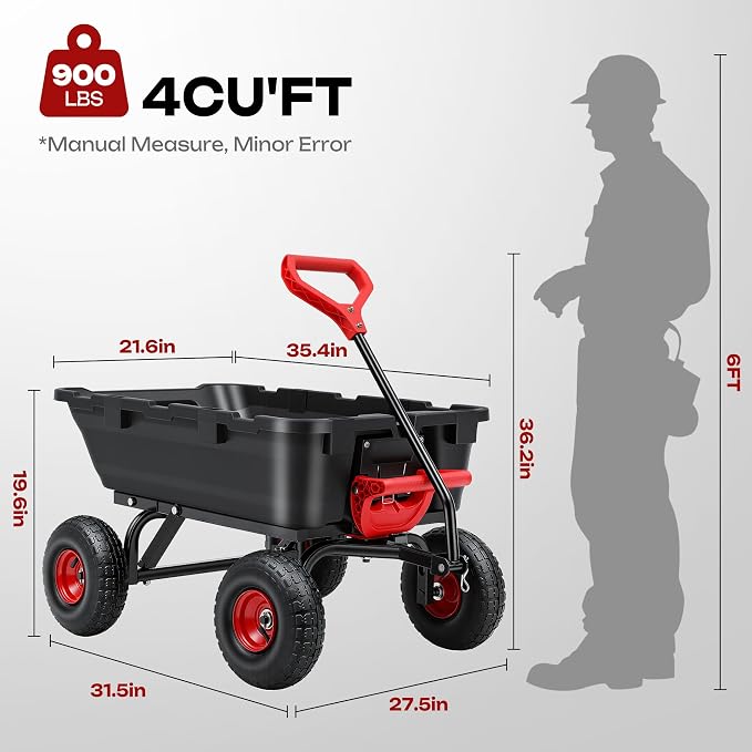 900LB Garden Dump Cart, 2026 Upgraded Heavy Duty Wheelbarrow Cart with 10" Non-Slip Pneumatic Tires & Quick-Release System, 4-Wheel Steel Frame Wagon for Transportation in Yard, Farm, Garden