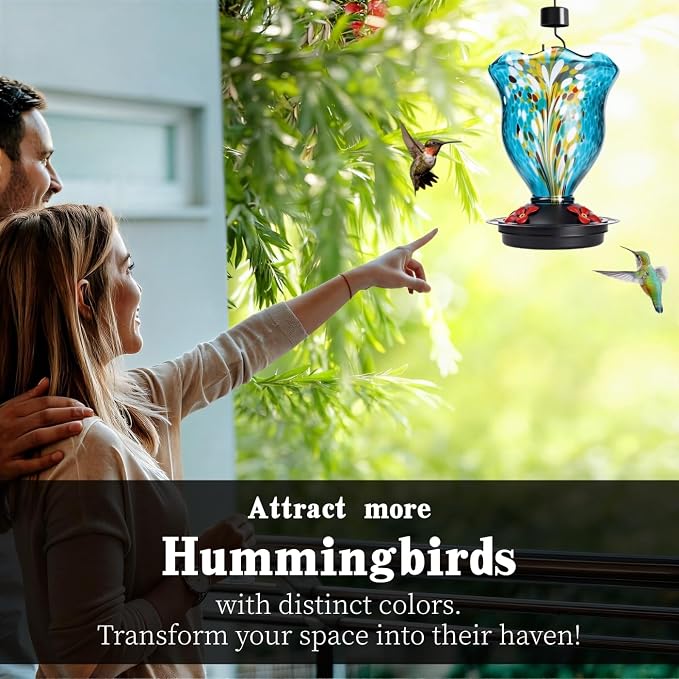 Vase Shaped Hummingbird Feeder for Outdoors, Hand Blown Glass Hummingbird Feeders for Outdoors Hanging with 4 Feeding Ports, Leak-Proof Bird Feeder- Garden Decor Gifts for Women(Blue)