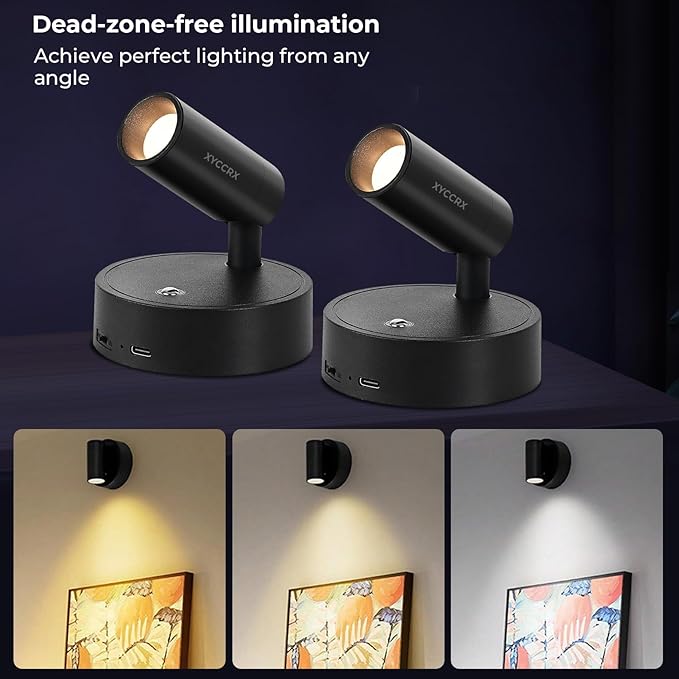 2 Pack Spotlights for Pictures, Spot Lights Indoor for Paintings, LED Rechargeable Grow Lights for Indoor Plants - Dimmable Spotlights for Artwork, Plants, Trees, 3 Colors & Dimmable, (Black)