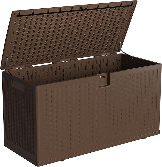 Outdoor Resin Deck Box, 73 Gallon Waterproof Storage Box Lockable, Outside Storage Box Container for Patio Furniture Cushions, Garden Pool Tools and Accessories, Brown