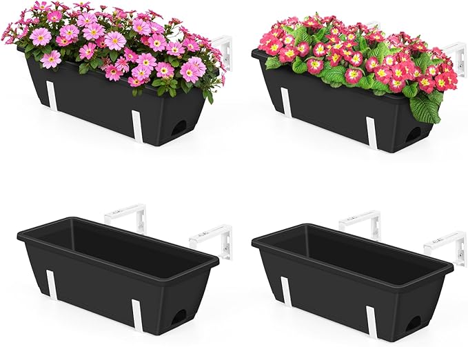 OYEAL Railing Planter Box Outdoor 4 Pack Hanging Balcony Planters 17 Inch Window Boxes Planter with Adjustable Brackets Plastic Flower Pots for Garden Deck Porch Railing Balcony Fence, Black & White