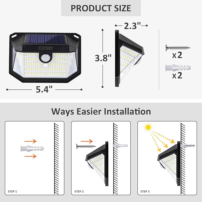 Solar Outdoor Lights, 230 LED with Motion Sensor and 3 Modes, IP65 Waterproof, 270° Wide Angle Light, Easy-to-Install Intelligent Security Wireless Wall Lights for Patio, Garden, Fence(2 Pack)