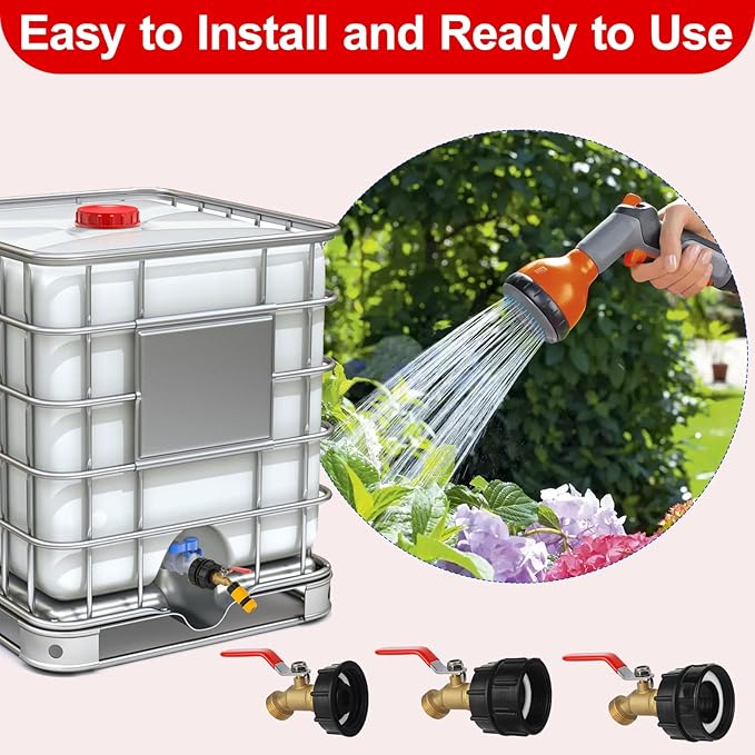 275-330 Gallon IBC Tote Hose Adapter,3-Size IBC Tote Adapter, 2.44" Fine、2 "Fine, and 2" Coarse Thread,3/4" Male NPT Inlet ×3/4" Male GHT Brass Hose Faucet Garden Hose Connector (Red handle)