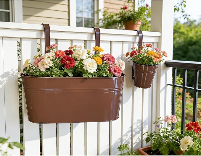 Set of 8 Outdoor Metal Railing Planters Box - 4 Pcs 5.12" Round Balcony Hanging Planter & 4 Pcs 17" Oval Fence Pot with Detachable Hooks Drainage, Chocolate