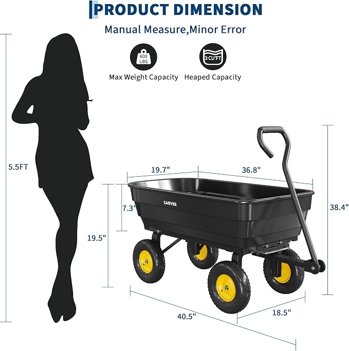 GarveeLife Poly Garden Dump Cart, 600 lb Wheelbarrow Yard Cart with 10 in Wheels, Quick-Dump & Towable Utility Wagon for Yard, Soil, Rocks(Black)