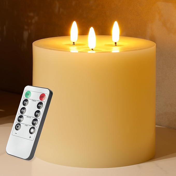 Extra Large Flameless Pillar Candle 6x6, 3 Wick Battery Operated LED Candle with Remote & Timer, 3D Triple Flame Real Wax Shell Candle for Cozy Home Decor
