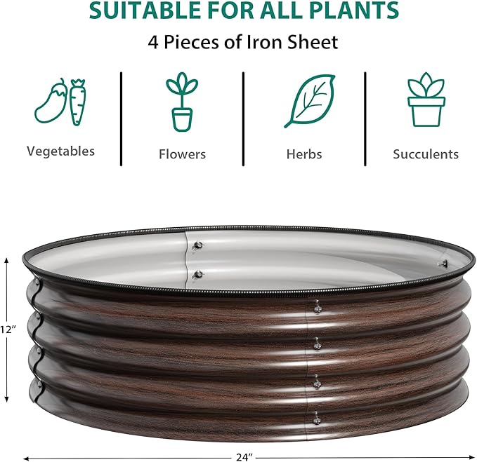 Garvee Round Raised Garden Bed, 2PCS 2 x 1ft Galvanized Raised Boxes with Rust-Resistant, Easy Assembly, Safe Edge, Metal Garden Bed Kit for Planting Vegetables, Fruits, Flowers, Wood