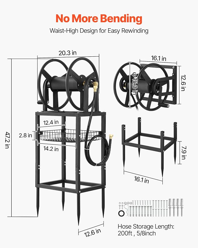 VEVOR Freestanding Garden Hose Reel, Holds 200 Feet of 5/8-inch Hose, Wall Mount or Ground Mount, Detachable Holder Stand with Storage Rack, 5 ft Leader Hose, Brass Fitting, 4 Spikes, for Backyards