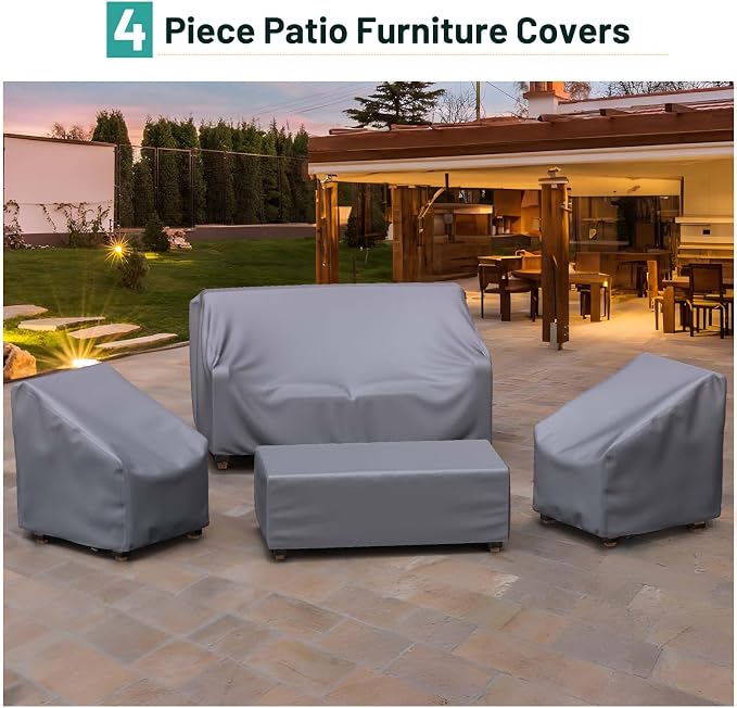 Mrrihand Patio Furniture Covers, 4 Piece Outdoor Furniture Covers Waterproof includ Ourdoor Sofa Cover, 2 Chair Covers, Coffee Table Cover with Windproof Buckle Strap and Adjustable Drawstring-Grey