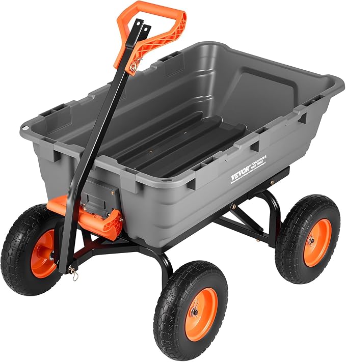 VEVOR 10 Cu.Ft 1200LBS Poly Garden Cart Dump Wagon, Heavy Duty Wheelbarrow with Convertible Handle and 13" Flat Free Tires, Outdoor Yard Wagon ATV Trailer Dump Cart Tow Behind for Lawn Mower Tractor