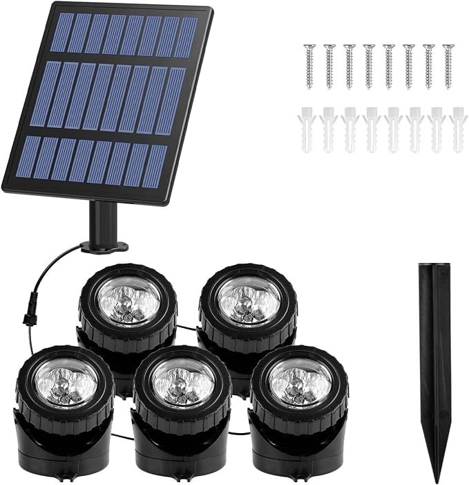 T-SUN Solar Pond Lights, 5 Headlamp RGB LED Spotlights Color Changing Submersible Fountain Lights, Underwater Solar Fish Tank Light Adjustable Lighting Angle for Garden Fountain, Pond, Pool Decoration