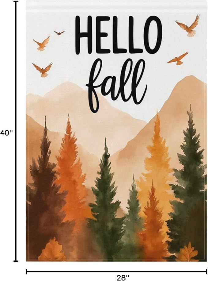 Hello Fall Forest Tree House Flag 28x40 Inch Double Sided Outside Birds Autumn Seasonal Yard Outdoor Flag Banner for Garden Lawn Patio Holiday Decorations