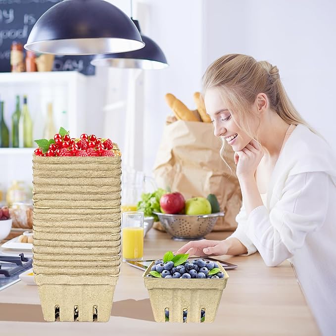 60 Pack Natural Pulp Fiber Berry Basket,Small Molded Produce Vented Basket Kitchen Supplies for Strawberry Blueberry Raspberry, Fruit Tray for Fruit Vegetable Farmer Market Grocery (60 Pack)
