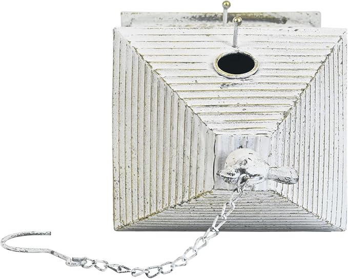 Vintage Metal Hanging Birdhouse, Home Decorative Bird House with Floral & Bird Accents, Weathered White Bird Home, Ideal for Outdoor Garden Decor
