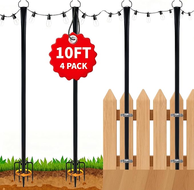 4 Pack 10FT String Light Poles for Outside, Heavy Duty Metal Poles with Fork Base & Hooks, Rustproof Poles for Hanging Lights on Patio, Deck, Backyard, Garden, Wedding, Party