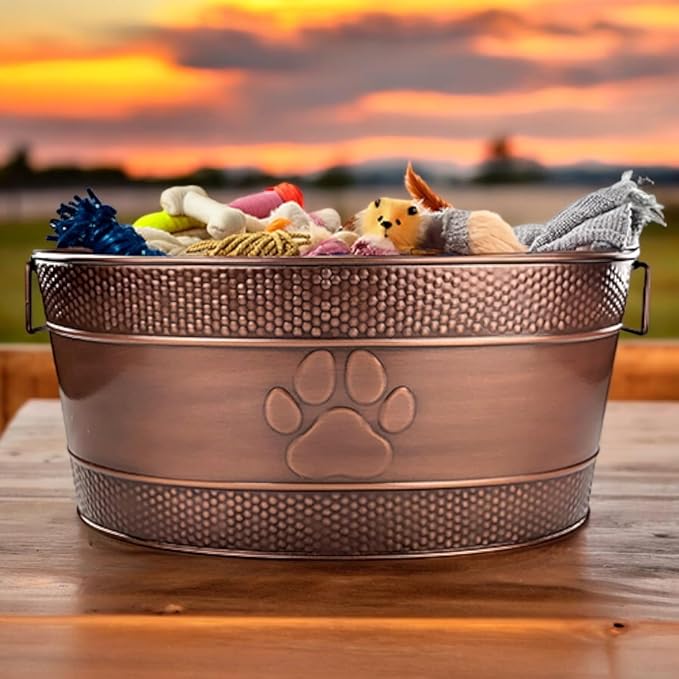 BREKX 25-Quart Tub for Firewood Storage Rack Log Holder - Heavy-Duty Portable Galvanized Tub with Handles for Indoor/Outdoor (Bronze Paw)