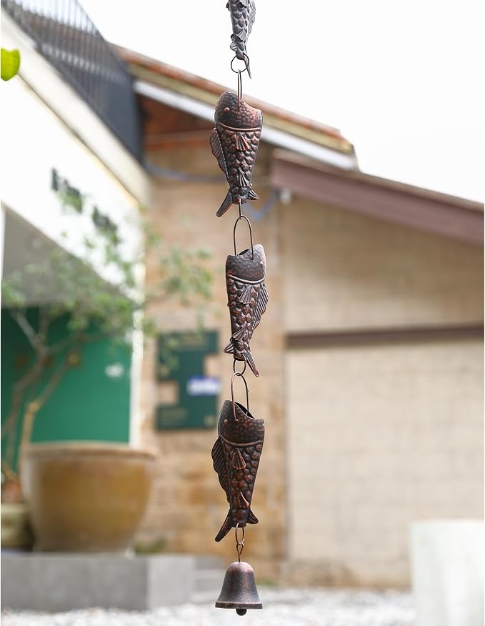Antique Bronze Rain Chain with Rainbow Trout for Heavy Rain, Functional and Decorative Replacement Downspout Chain for Outside, Rain Catcher Chain for Gutters, 8.5FT