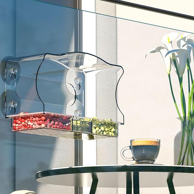 Window Bird Feeder with Strong Suction Cups - Clear Acrylic Bird Feeders for Outdoor Use, Easy-to-Clean Viewing Box for Cats and Birdwatching, Large Capacity, Curved Design for All-Weather Durability