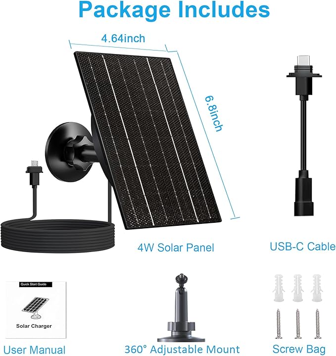 Solar Panel for Blink Outdoor 4/3/XT2/XT Camera, 4W High-Efficiency Solar Charger with 10ft Cable, USB-C & Micro USB Adapter, IP66 Waterproof, 360° Adjustable Mount
