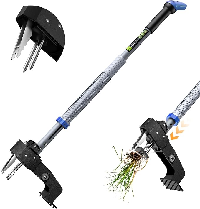Weed Puller Tool - Stand Up Weed Puller with 4-Claw Steel Head, 39"-46" Retractable Handle & Easy-Eject Mechanism for Dandelions, Clover & More, No Bending or Kneeling - Blue