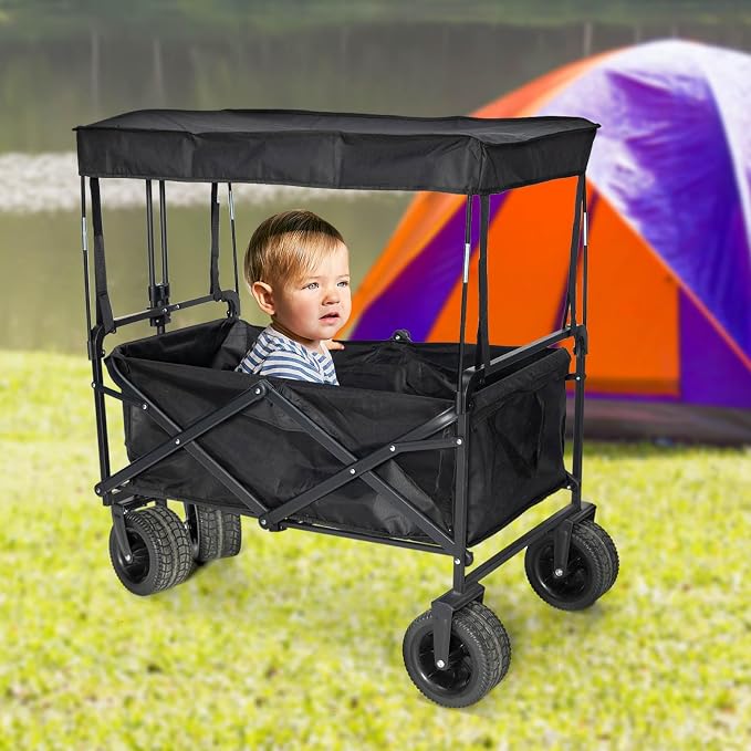 Removable Wagon Canopy Attachment with Rods – Foldable Sun Shade Cover for Collapsible Beach Utility Push Pull Cart, Outdoor Picnic Trolley (Black)