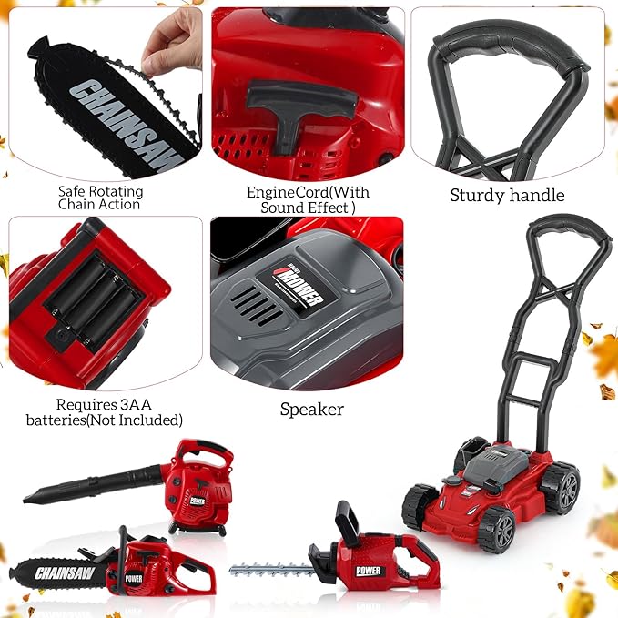 Arrowbash 4 Pcs Toy Gardening Tool Set for Kids Toy Leaf Blower Chainsaw Hedge Trimmer Push Lawn Mower Battery Play Set Christmas Birthday Party Gift for Boys Girls
