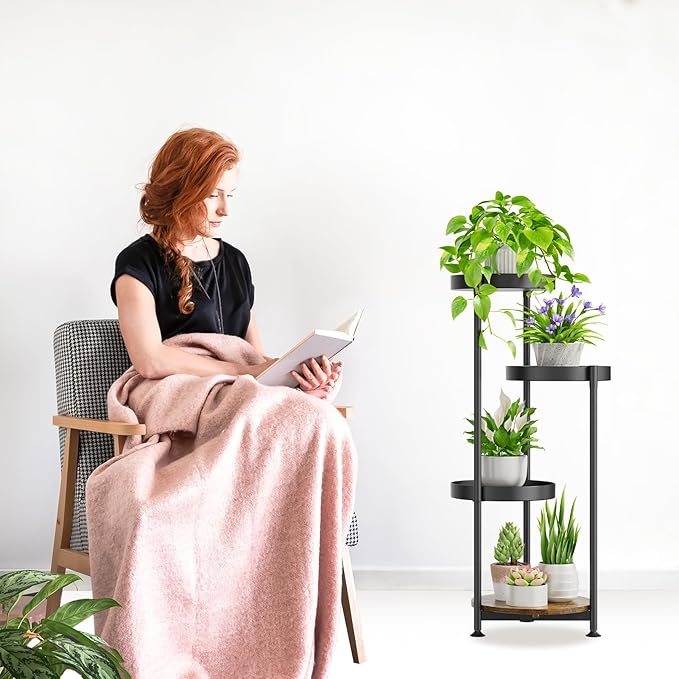 Oppro 4 Tier Plant Stand Indoor Outdoor, Metal Flower Pot Shelf Holder Clearance, Tall Corner Rack for Multiple Plants, Modern Organizer Display for Patio Orchid Office Porch Living Room Garden, Black