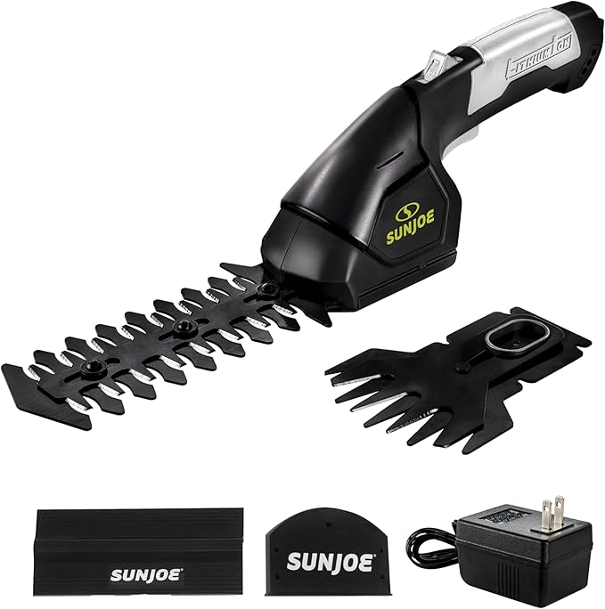 Sun Joe HJ604C Cordless Grass Shears and Hedge Trimmer, 2-in-1 Handheld Shrub Trimmer, 7.2V Lithium-Ion Battery, 1250 RPM Steel Blades, Charger Included