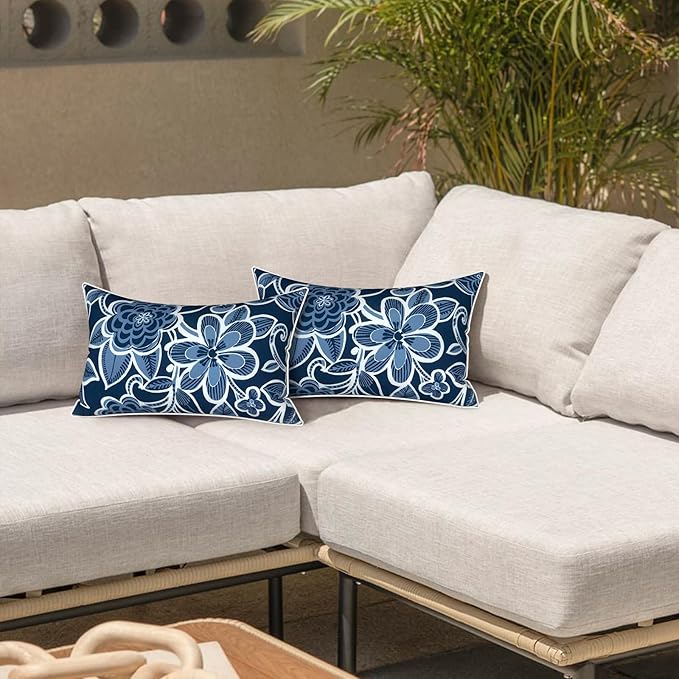 LVTXIII 2 Pack Outdoor Lumbar Pillow Covers 12x20 Inch with Piping, Water-Repellent Back Cushion Covers ONLY for Patio Furniture, Sofa, Garden Bench, Flower Navy