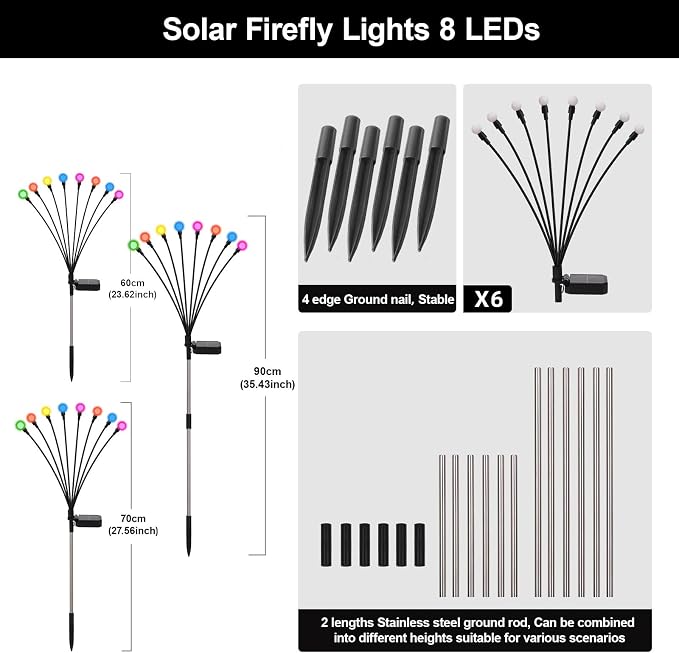 Solar Firefly Lights Multicolor, 6 Pack 800mAh Swaying Firefly Garden Lights Solar Powered Outdoor Waterproof Color Changing for Outside Yard Patio Lawn Pathway Walkway Stake Christmas Decor