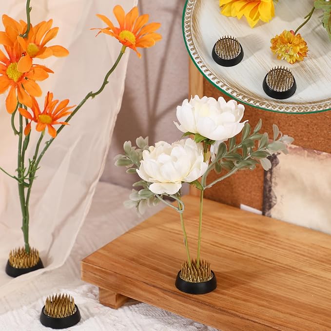 Sliner 8 Pcs 2.76 Inch Floral Frogs Round Brass Flower Holder Japanese Ikebana Vase Floral Frogs Arranger Fixed Tools Pin for Flower Arrangement Home DIY Craft(Gold)