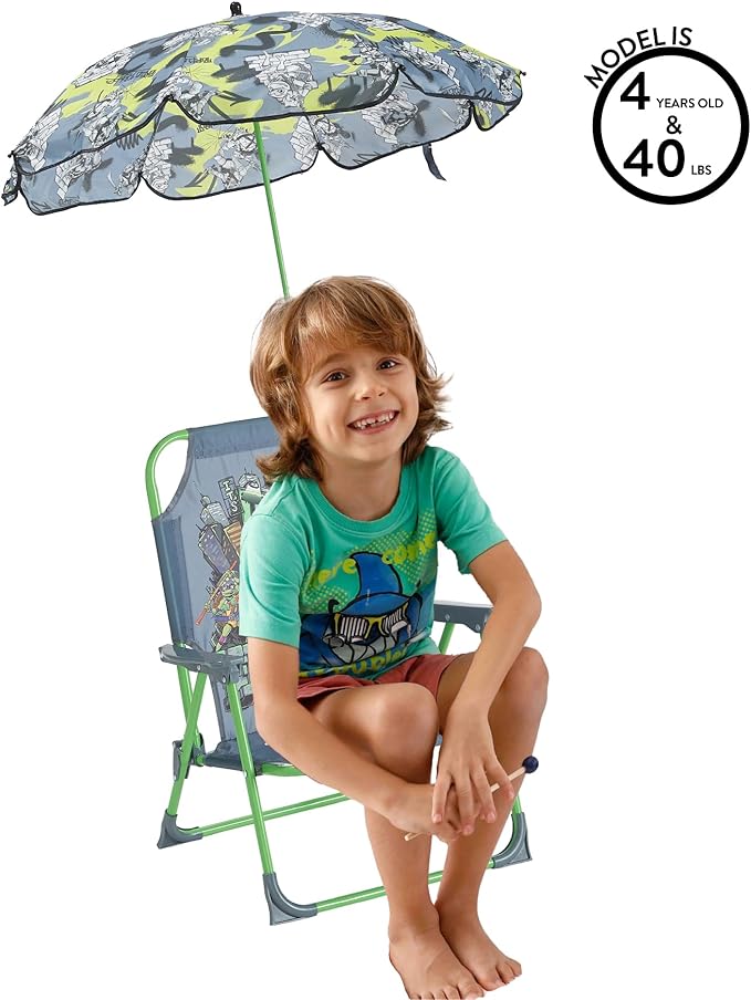 Teenage Mutant Ninja Turtles Kids Outdoor Folding Beach Chair with Umbrella,Portable Camp Chair for Ages 3+, Lightweight & Compact for Beach, Camping, and Backyard