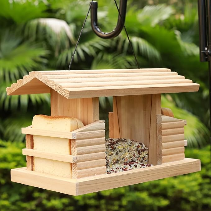 Double Suet Cake Bird Feeder, Wooden Hanging Platform with Windows, Outdoor Wild Bird Mealworm Feeder